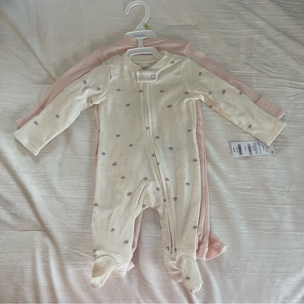 2 Carters baby girls onesies 3 months footies zip sleeper PJ NEW with tags pink
